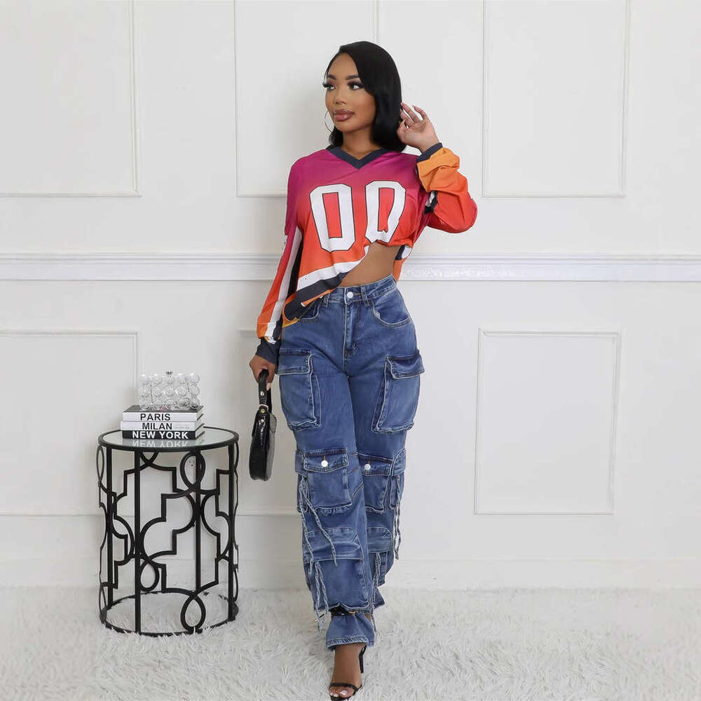 Autumn New Color-Block Fashion Print Loose Casual Sports Style Long Sleeve V-Neck Sweatshirt B5