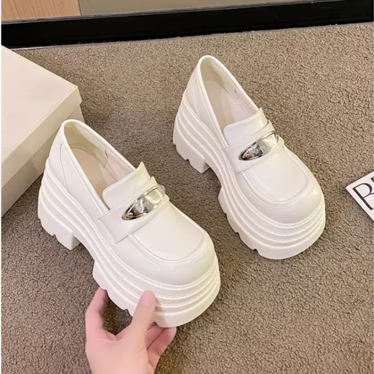 Ddmysports British Style Thick Soled White Loafers For Petite Women Chunky Heel Height Increasing Shoes Black Slip On Single Outdoor Shoes