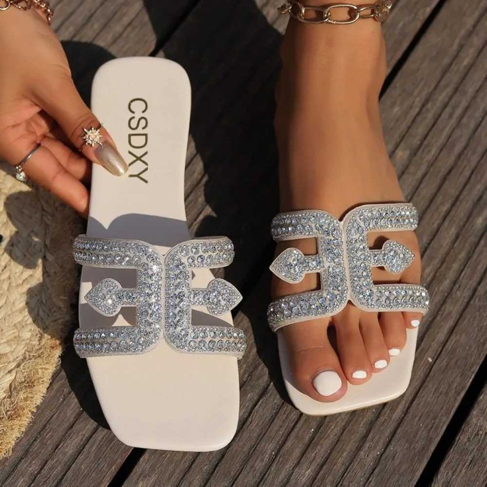 Women Bling Rhinestone Decor Slide Sandals Black Beige Summer Fashion Casual Outdoor Office Party Elegant Sexy Flats New Z250614