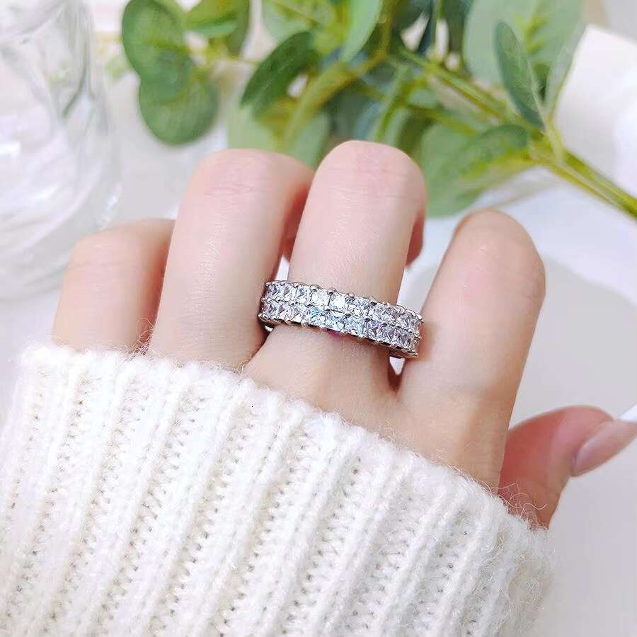 FOXI Tennis Double Row Princess Square Moissanite Eternity Ring 925 Sterling Silver Moissanite Diamond Eternity Band Ring