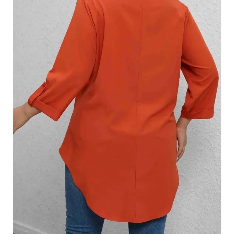 Plus Size 1XL5XL Fashion Womens Solid Color RollUp Sleeves TurnDown Collar Blouse Ladies ButtonUp Casual Chic Top Shirt w250520