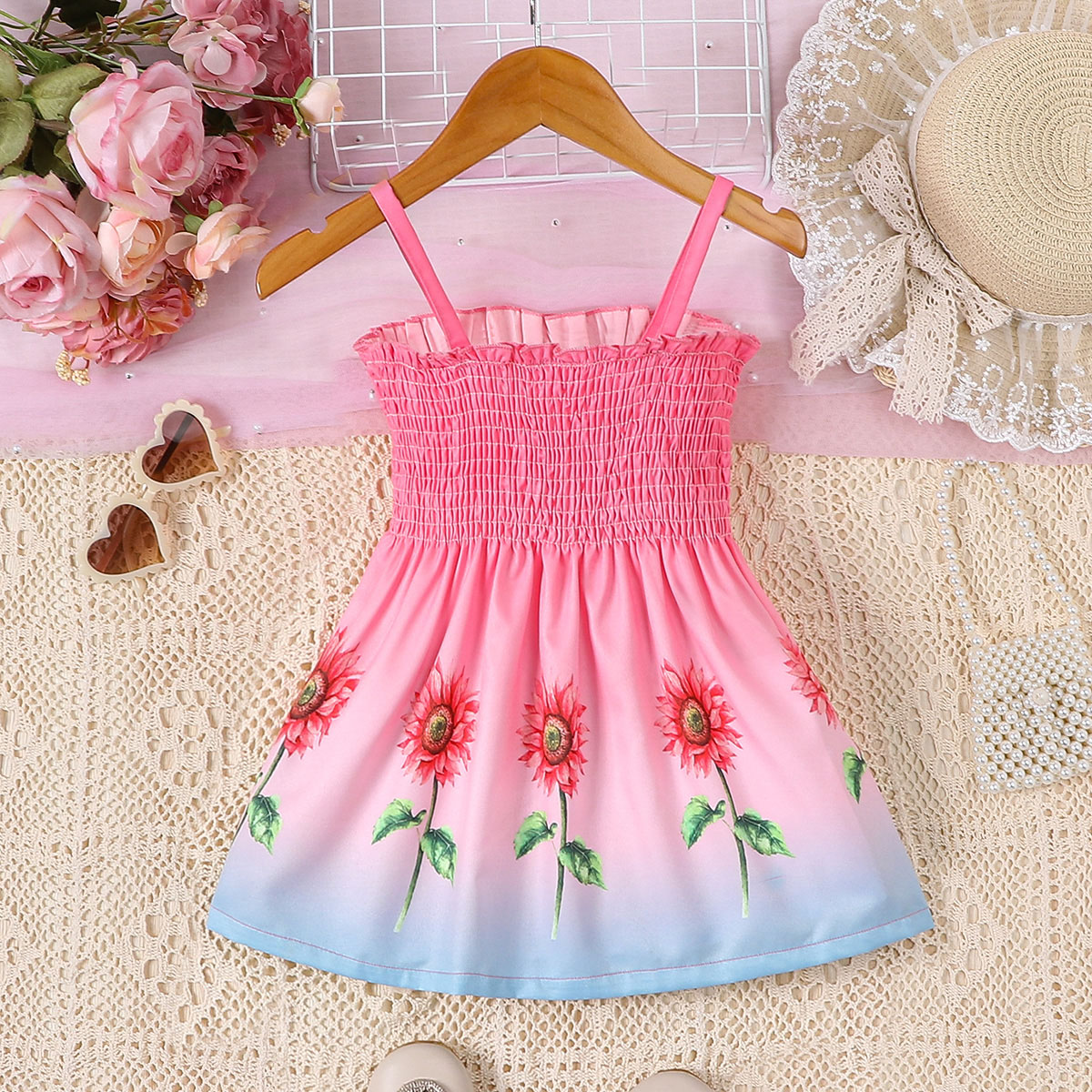 Baby girl, baby, fashionable and casual sunflower print suspender, drawstring dress, summer