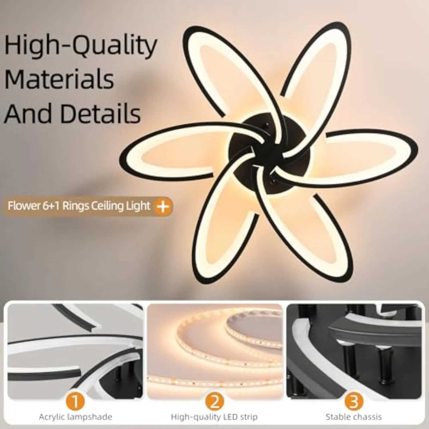 Modern LED Ceiling Light 6+1 Rings 93W Dimmable Ceiling Light Fixtures 29.5 3000K-6500K Flush Mount Black Flower Ceiling Lamp XJ2500613