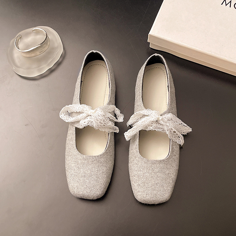 Ddmyoutdoor French Lace Mary Jane New Flat Up Versatile Square Toe Ballet Shoes For Women Outdoor Shoes