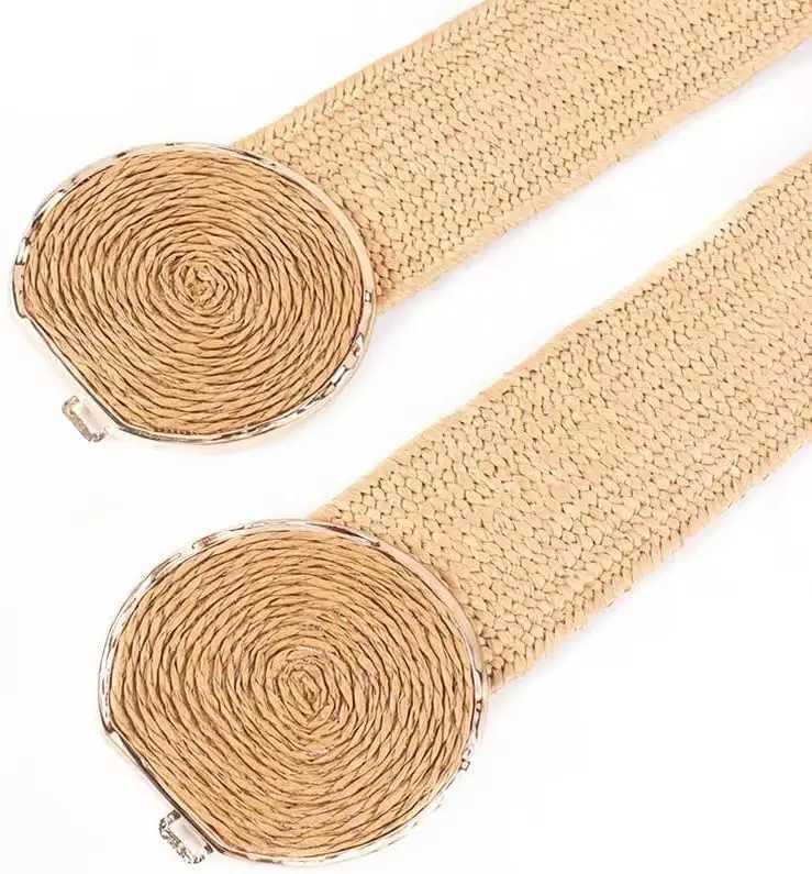 Straw Woven Braided Wide Elastic Waist Belts For Dresses -Fashion Bohe Double Circle Buckle Waistbands Ladies Belt X250614