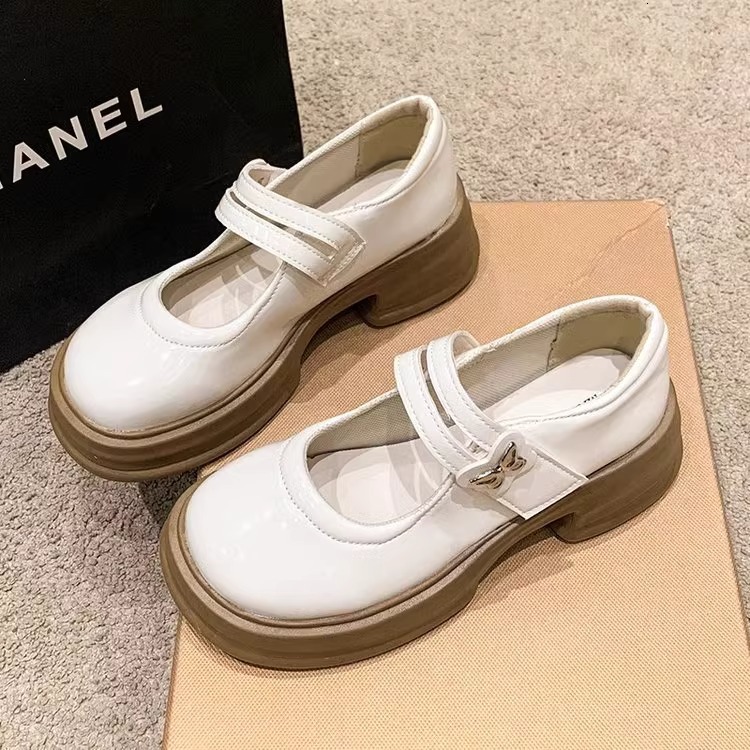 Ddmysports White Pearl Small Leather For Women Summer Shallow Mouth Versatile College Style Thick Sole Round Toe Mary Jane Shoes Outdoor Shoes