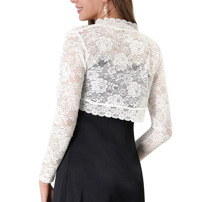 Women Floral Lace Cardigan Jacket Adults Seethrough Scalloped Long Sleeve Crop Tops Elegant Clothes Spring Fall 250611