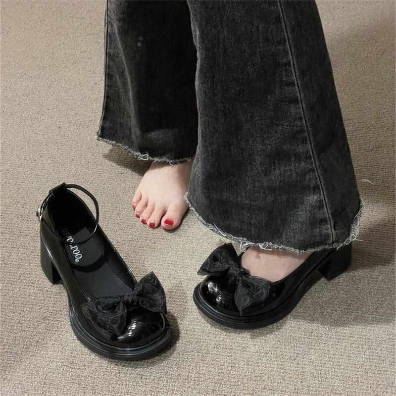 Ddmysports Cute Bowknot Small Leather For Women Spring Summer New Korean Fashion Versatile Chunky Heel Dress Shoes Outdoor Shoes