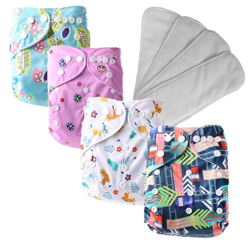 Baby Cloth Nappies Washable Diaper Manufacture Baby Cloth Diapers One Size Adjustable Reusable Diaper with 3 Layer Microfiber Insert 4 Sets Wholesale