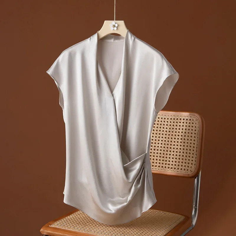 Mulberry Silk Summer Tops Loose Silk Short Sleeved T-shirts Womens V-neck Satin Women T Shirt Silk 250609