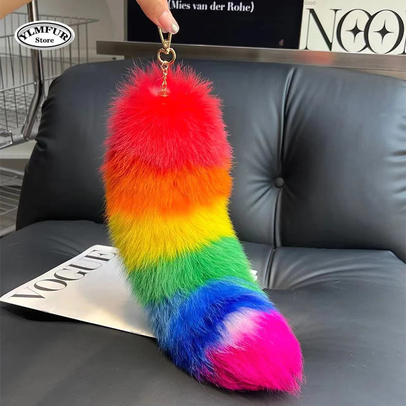 40cm Real Fox Fur Tail Large Long Natural Fur tail Keychain Pendant Cosplay tail Cute Wolf Fox Tail Fur Car Keychains For Women 250610