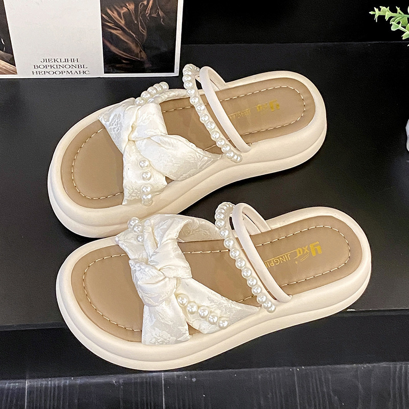Ddmyoutdoor Ddmyoutdoor Thick Sole Pearl Slippers Women Outdoor Wear Summer New Style One Strap Cross Flat Sandals For Shoes Outdoor Shoes
