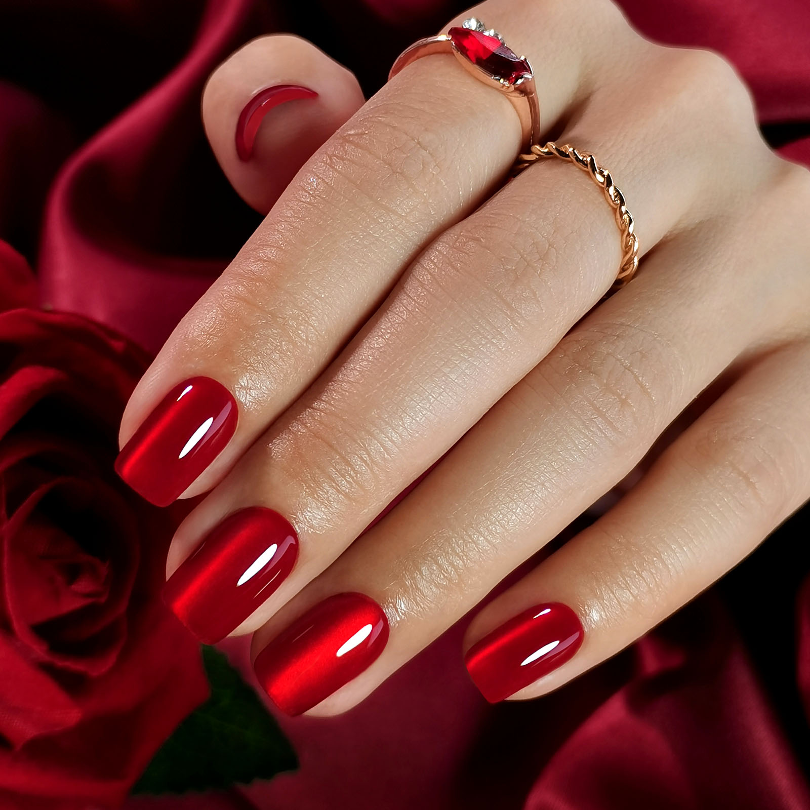 Elegant Squared Edge Red Cats-eye Artificial Finger Extensions | Long-wearing Gel-Like Stick-On Claws with Professional Strength Bond Variety Pack Siz