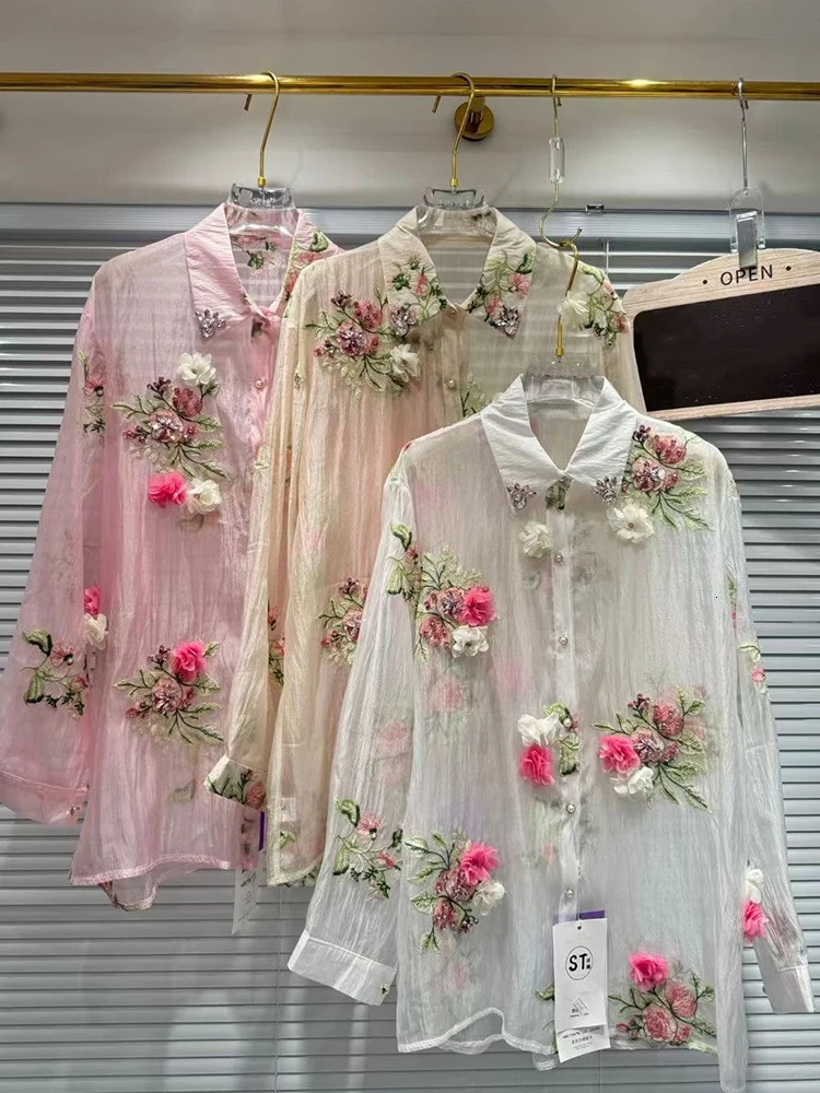 Woman Diamonds Beaded 3D Flowers ed Chiffon Shirt Floral Crystal Net Yarn Blouses Sun Protection Gauze Rhinestones Tops 250611