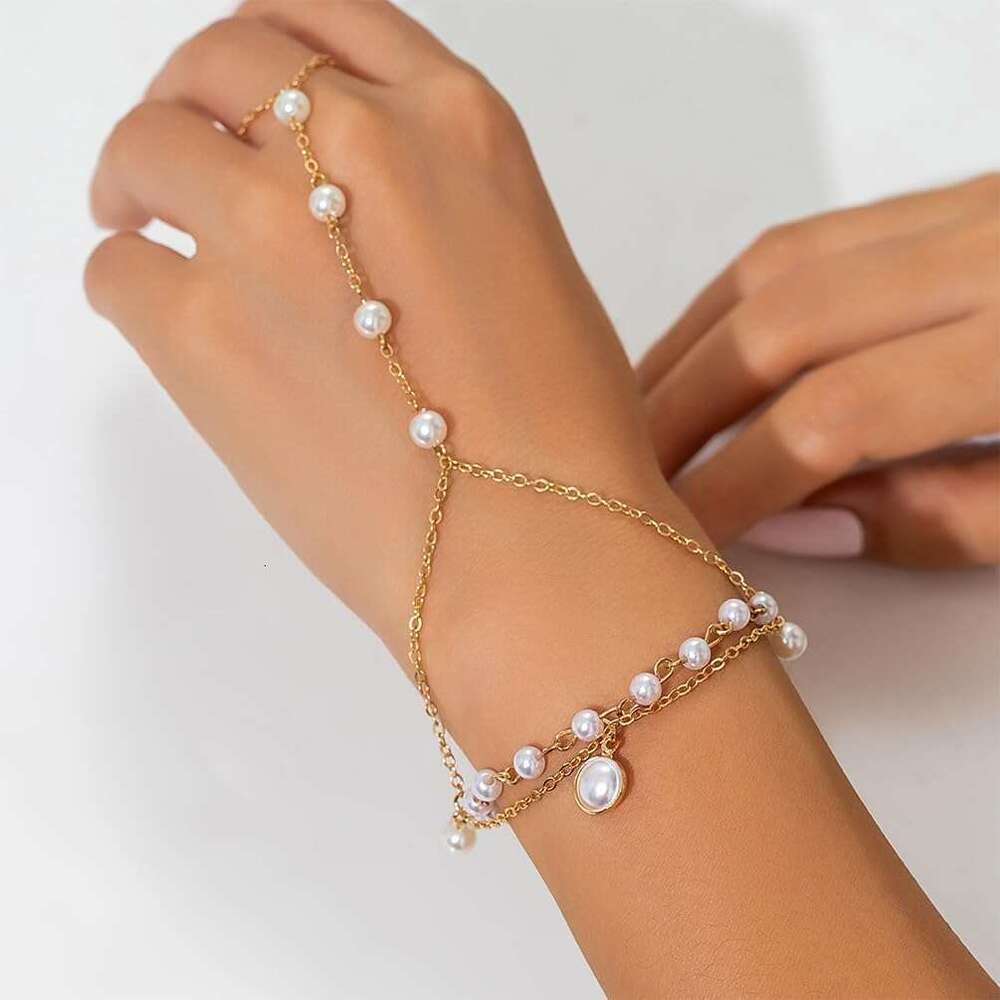 Cute Beaded Pearl Gold Hand Chain Bracelets Rings for Women Dainty, Exquisite Beads Pearls Finger Ring Slave Bracelet Party Prom Jewelry Accessories G