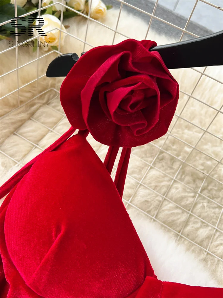 SINGREINY Summer Velvet Party Long Dress Strap Ruffles Sweet Split Beach Sundress Korean Streetwear Korean 3D Floral Midi Dress 250612