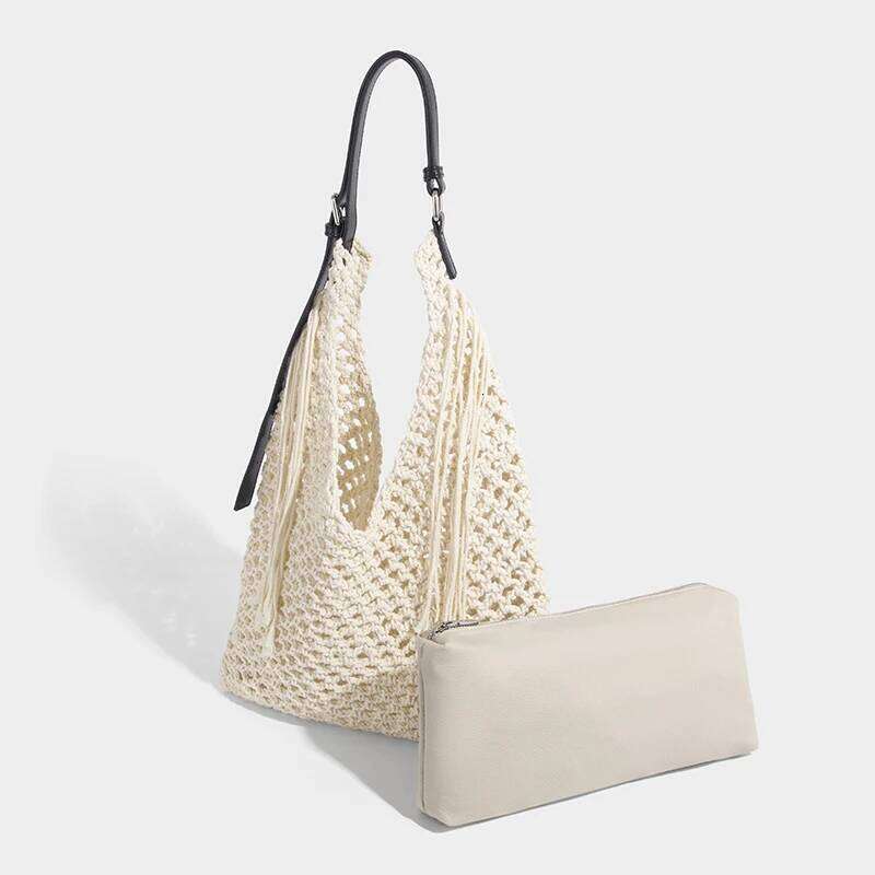 Women's Summer Bohemian Straw Weaving Tote 2025 New Designer Nylon Fabric Hollow Tassel with Large Capacity Beach Bag
