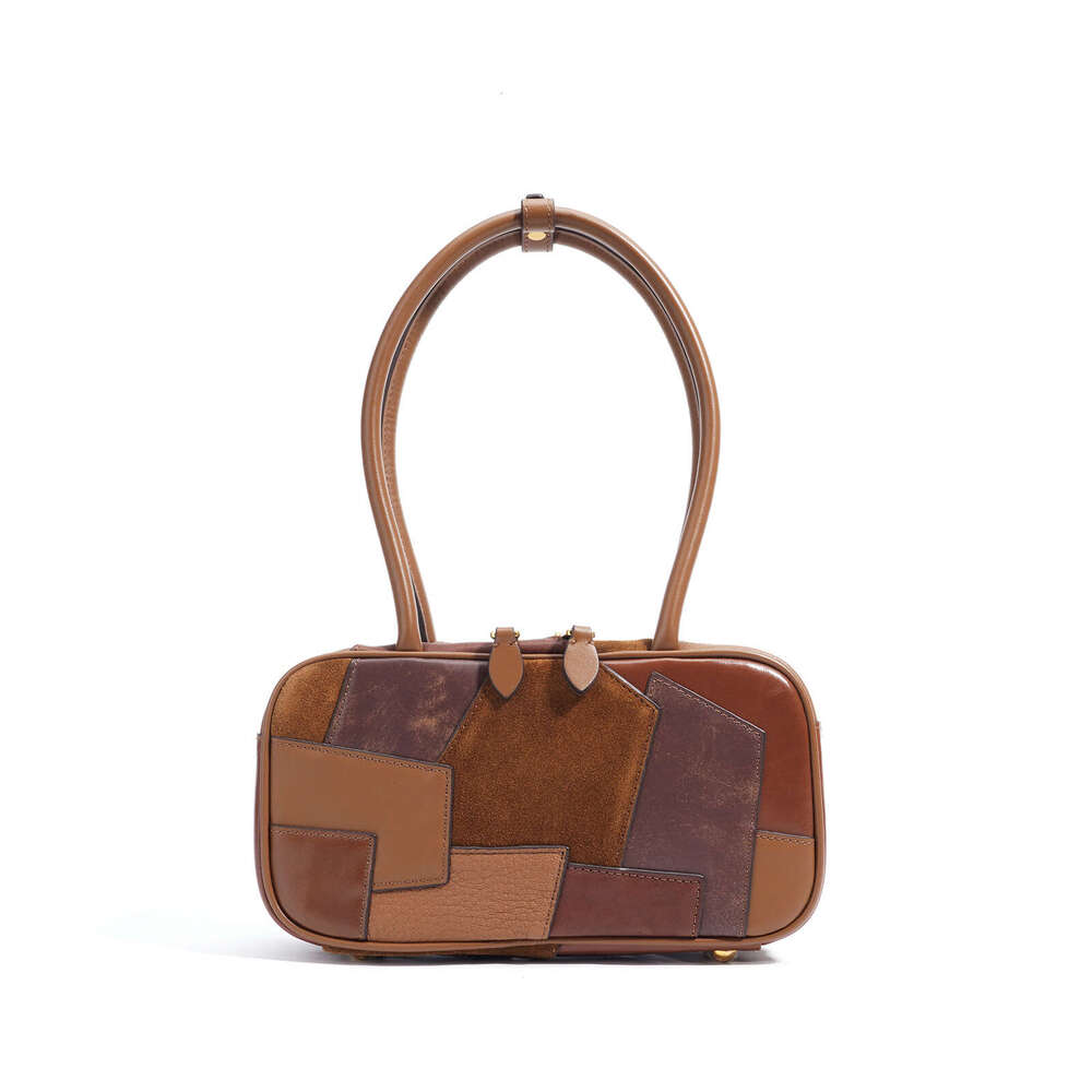 2025 Top Layer Cowhide Patchwork Bowling Briefcase Maillard Series Women's Handbag Underarm Bag