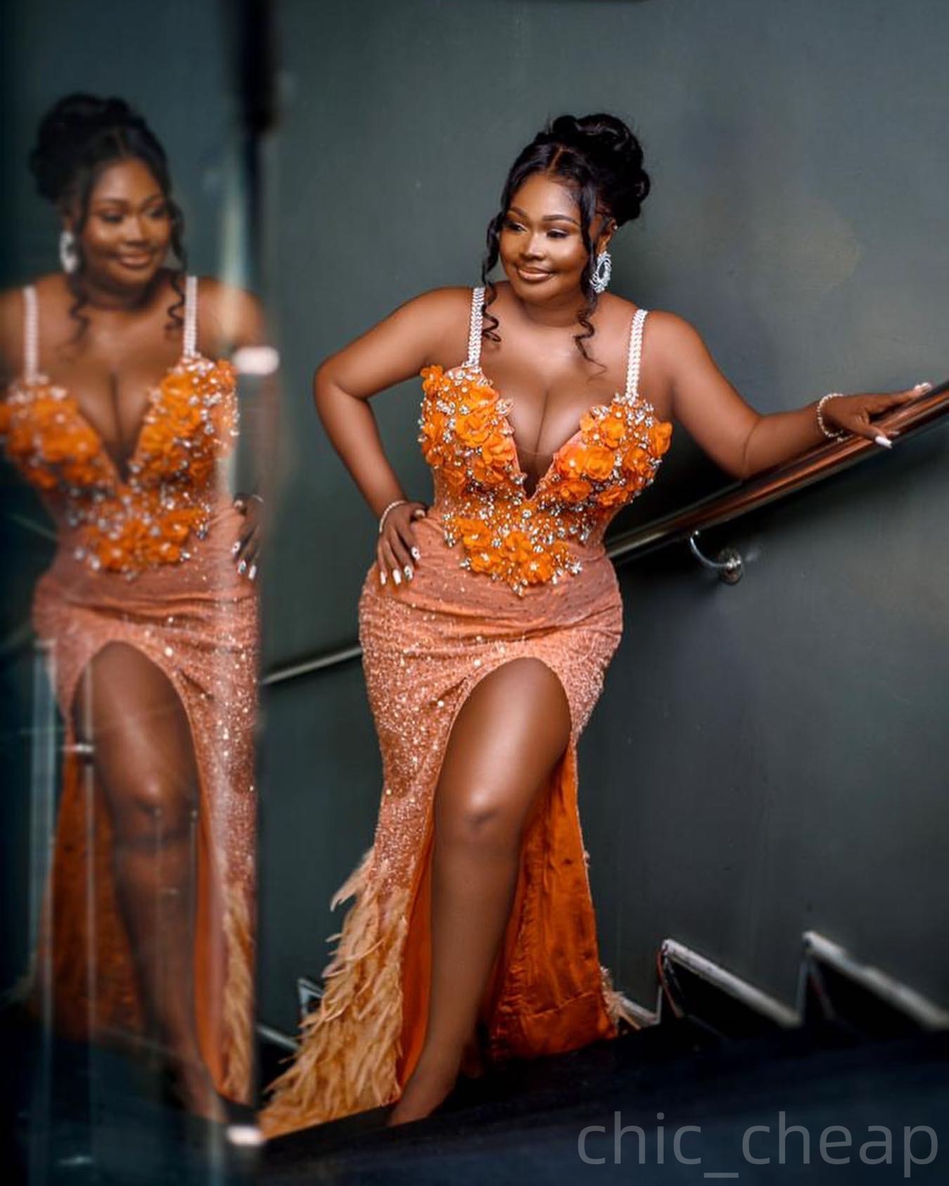 Orange Mermaid Prom Dresses 2025 Crystals Flowers Feather Sequined Evening Formal Party Second Birthday Engagement Gowns Plus Size Dress For Special O