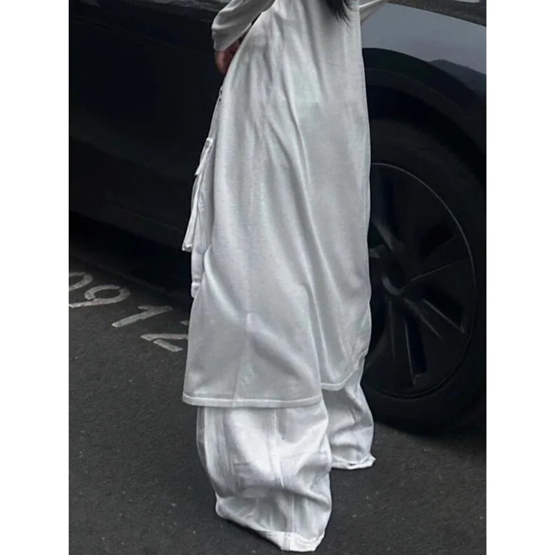 White Women Y2K Hip Hop Fashion Vintage High Waisted Cargo Jeans Streetwear Casual Loose Pockets Girl Wide Leg Denim Pants Z260314