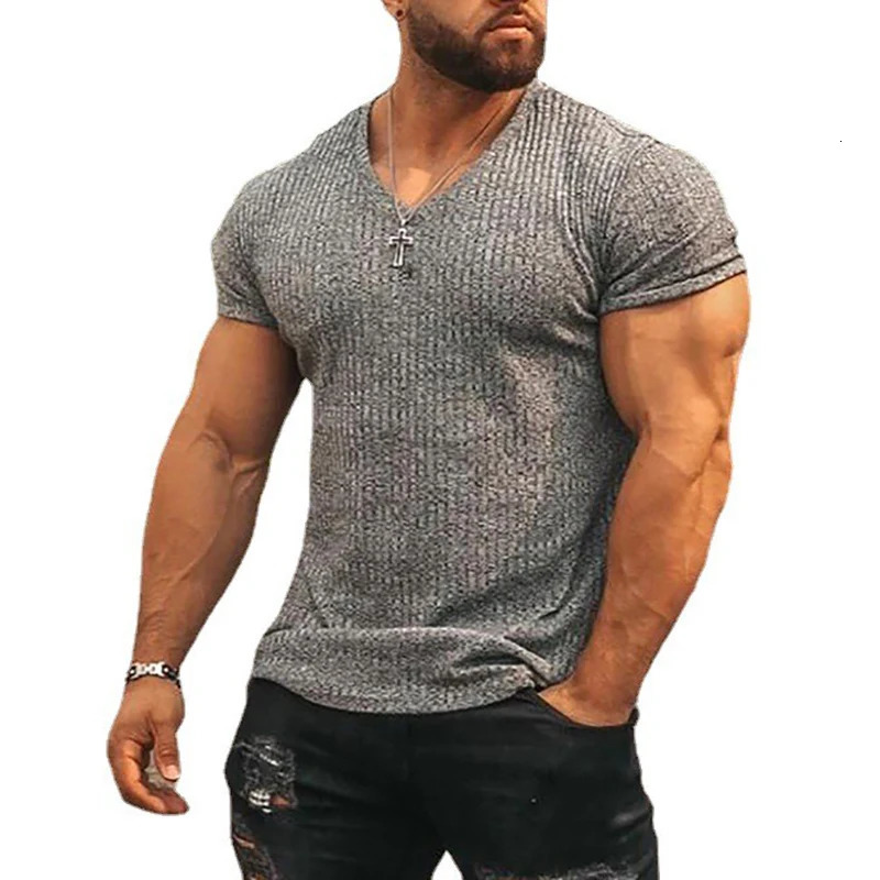 Mens V Neck Short Sleeve T Shirt Fitness Slim Fit Sports T-shirt Solid Fashion Strips Tees Tops Summer Knitted Gym Clothing 250529