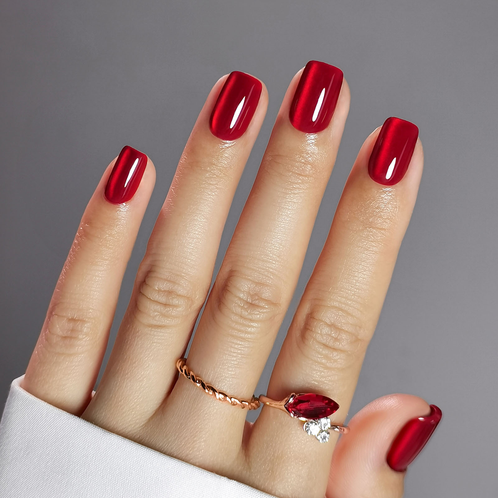 Elegant Squared Edge Red Cats-eye Artificial Finger Extensions | Long-wearing Gel-Like Stick-On Claws with Professional Strength Bond Variety Pack Siz