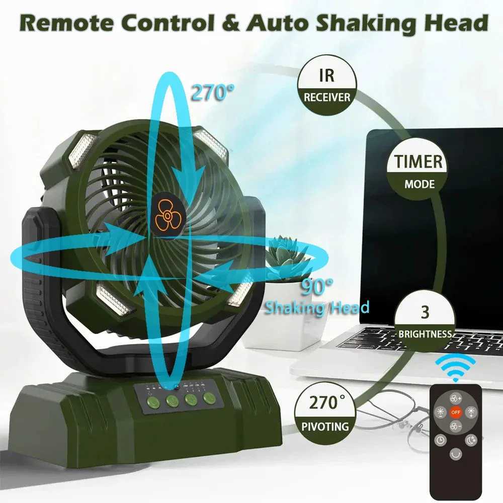 USB Rechargeable Camping Fan Light Remote Control Cordless Table Fan Portable Air Circulator Shaking Head Camping Hook Fan Light W250613