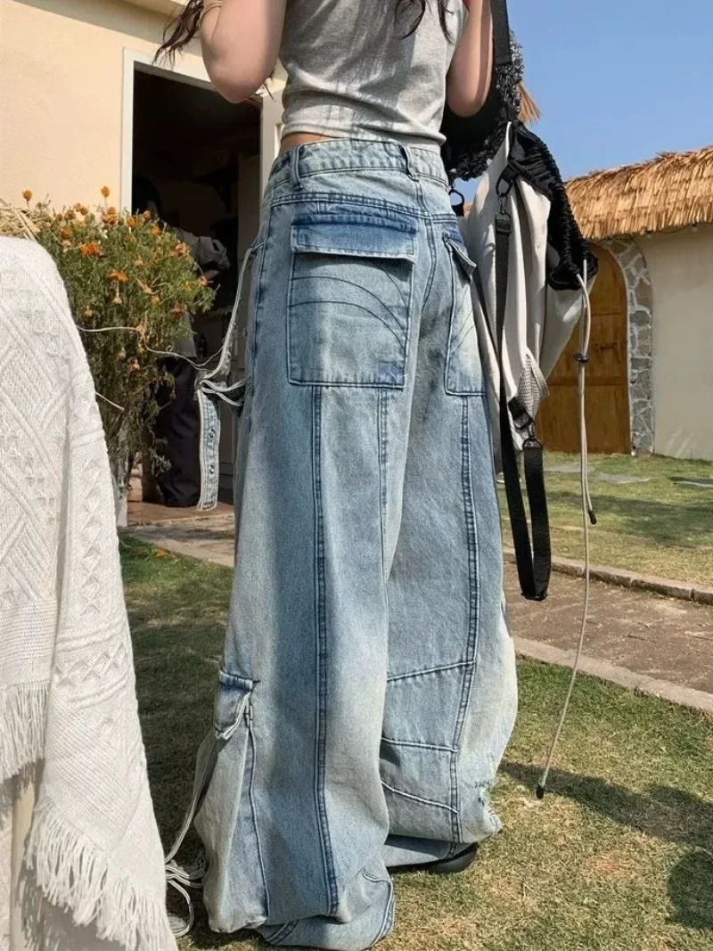 American Fashion Vintage Washing Heavy Industry Multipocket Tooling Jeans Female Y2K Street Baggy Drop Pants Tide 250612