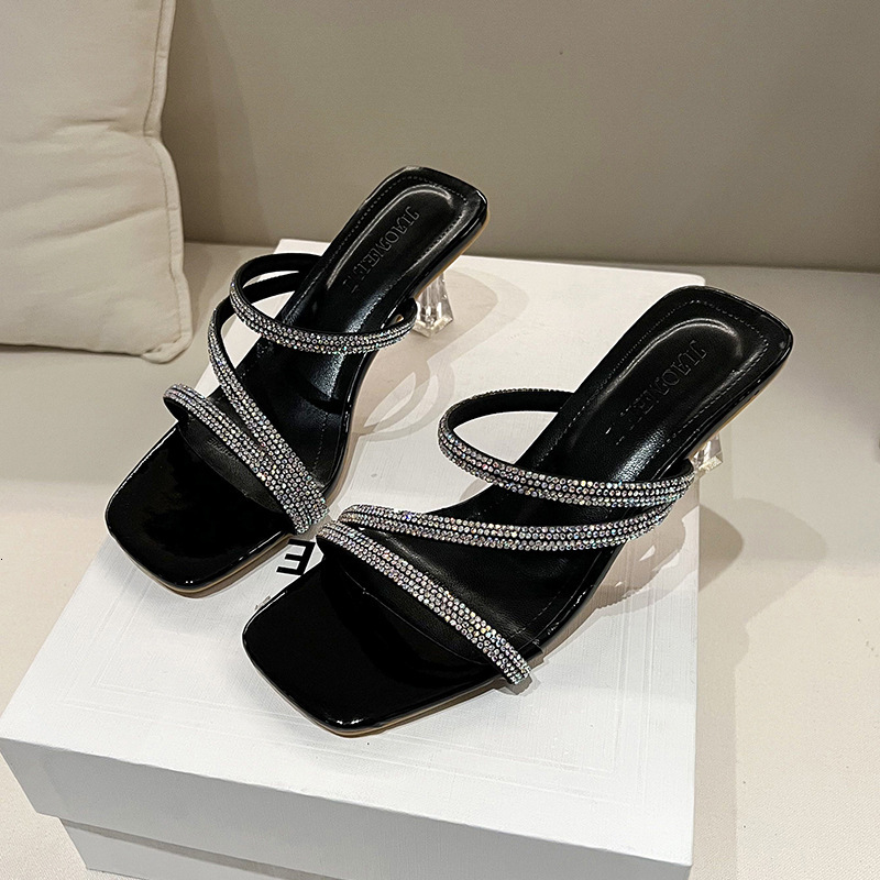 Ddmyoutdoor Two Way Wear Summer Sandals For Women New With Rhinestones Fairy Style Crystal Chunky Heel Internet Celebrity Open Toe High Heels Outdoor 