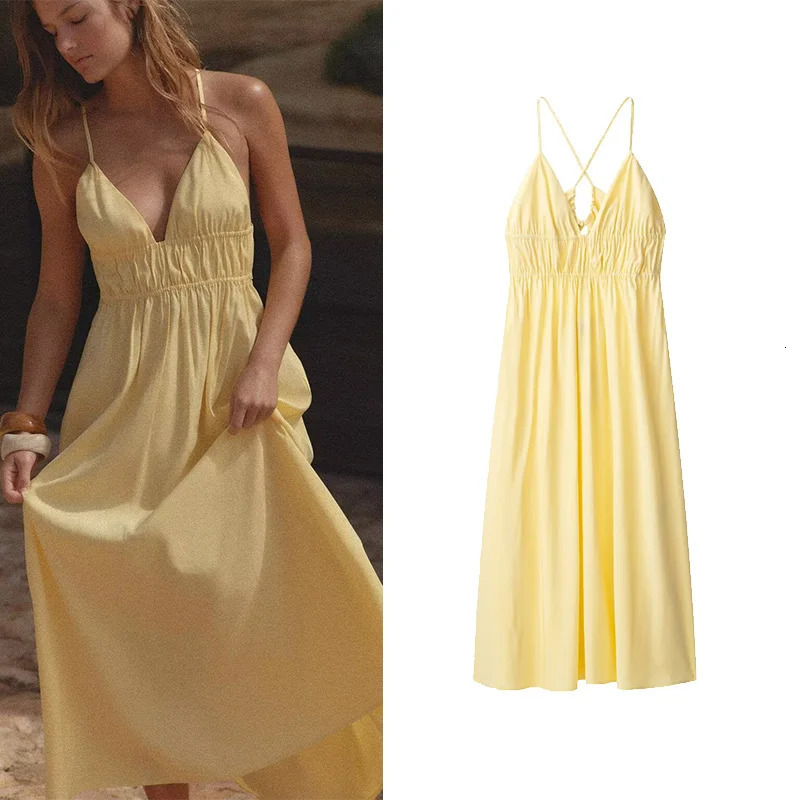 TRAF Flowing Midi Dress V Neck Womens Dress Sexy Backless Thin Straps Lady Dresses With Bow Elastic Waist Party Dress 250613