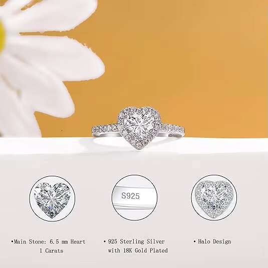 925 Sterling Silver Womens Engagement Rings with Heart Cut Halo VVS Moissanite Diamond Wedding Promise Rings Elegant Jewelry