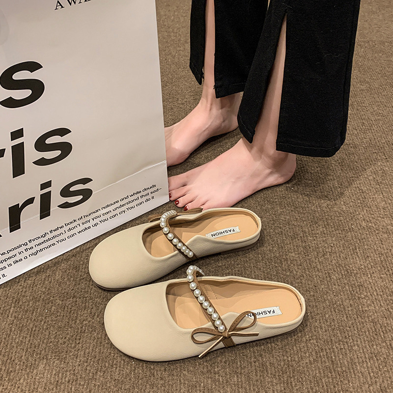 Ddmyoutdoor Spring New Sweet Pearl Bowknot Closed Toe Half Slippers For Women Flat Slip On Lazy Shoes Outdoor Shoes