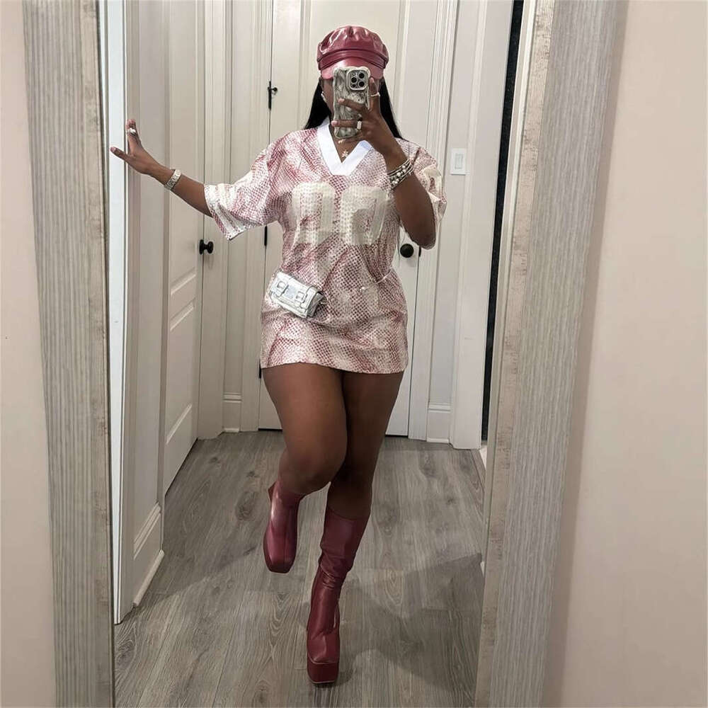 (No Returns Or Exchanges) New V-Neck Printed Sports Jersey Style Loose Casual Dress B5