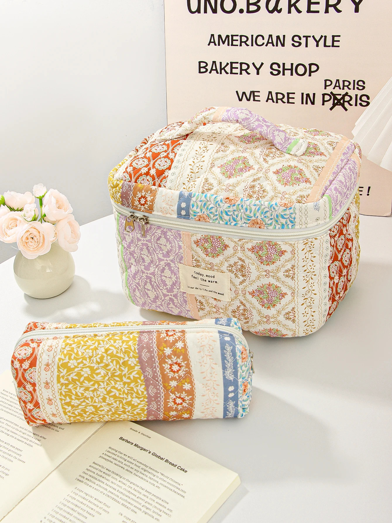 1pcset contrast color flower quilted makeup bag travel essential toiletry multifunctional portable bag 250614