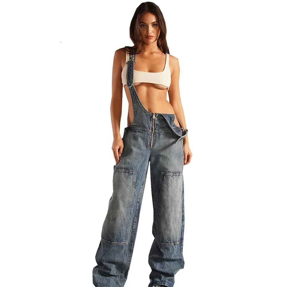 Jumpsuits Women Jeans Overalls Sexy Backless Vintage Full Length Denim Straight Pants Loose Pockets Distressed Washed Casual 250612