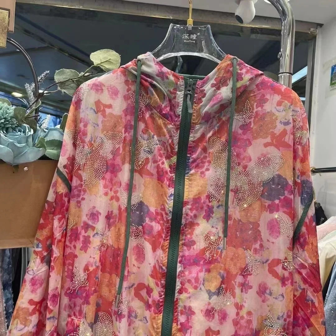 Sparkle Rhinestones Jackets Women Hooded Summer Sunproof Zipper Coats Thin Loose Outerwear Breathable Lightweight Clothes 250611