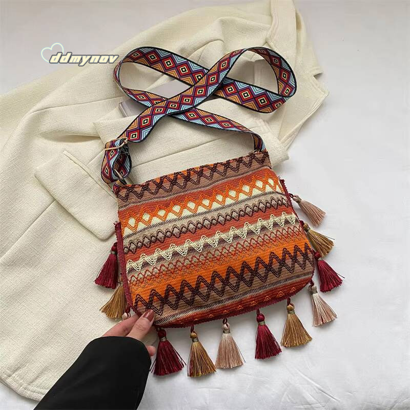 Vintage Women's Tassel Ethnic Handwoven Crossbody Lady Bag Hippie Sling Shoulder Bags for Ladies Handbag ddmynov