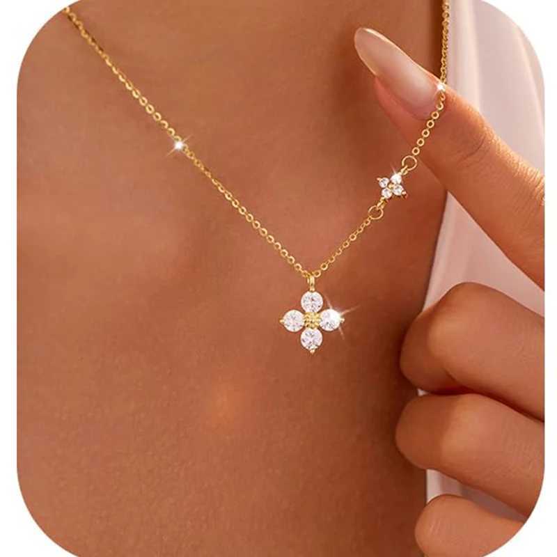14k Gold Plated Dainty Lucky CZ Necklace for Women White Flowers Elegant Pendant Necklaces Minimalist Chain Jewelry Z250614