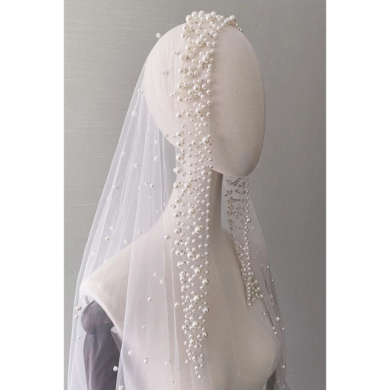Romantic Trailing Cathedral Wedding Veil One-Layer Pearl Beading Headpiece 250603