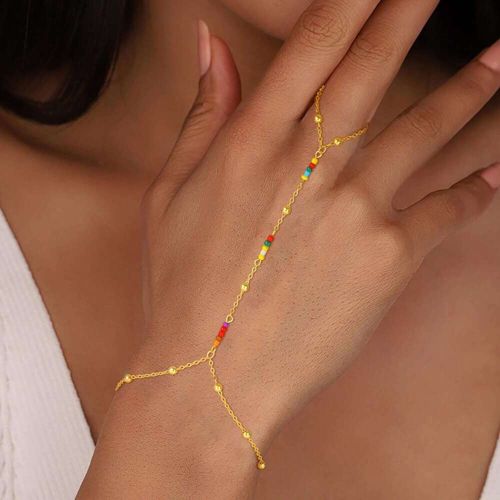 - 14K Real Plated Dainty Stackable Paperclip Link Hand Chain Bracelet Ring Gold Bracelets for Women Trendy
