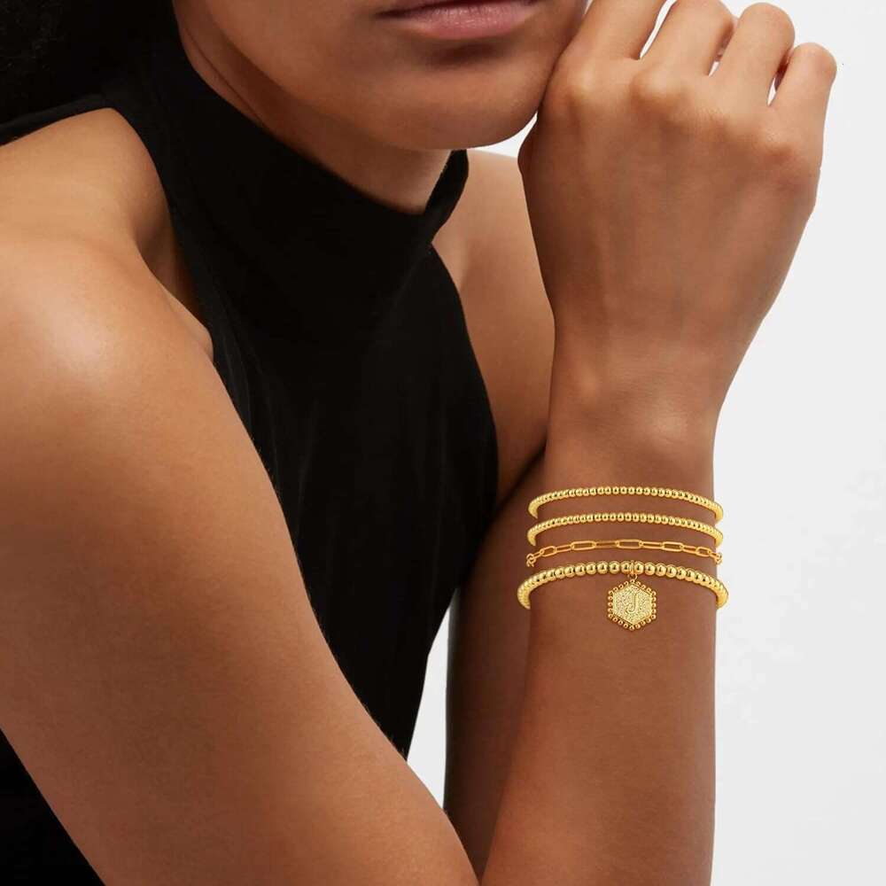 Good Girls - Gold Plated Hexagon Initial Bracelets Stackable Dainty A-Z Beaded Bracelet Letter Pendant Stretch Trendy Stack Jewelry Set for Women