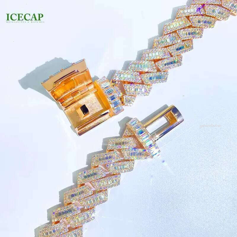 Heavy Solid Sier Rose Gold Trapezoid Necklace Moissanite Dia Bracelet for Rapper HipHop Cuban Link Chain