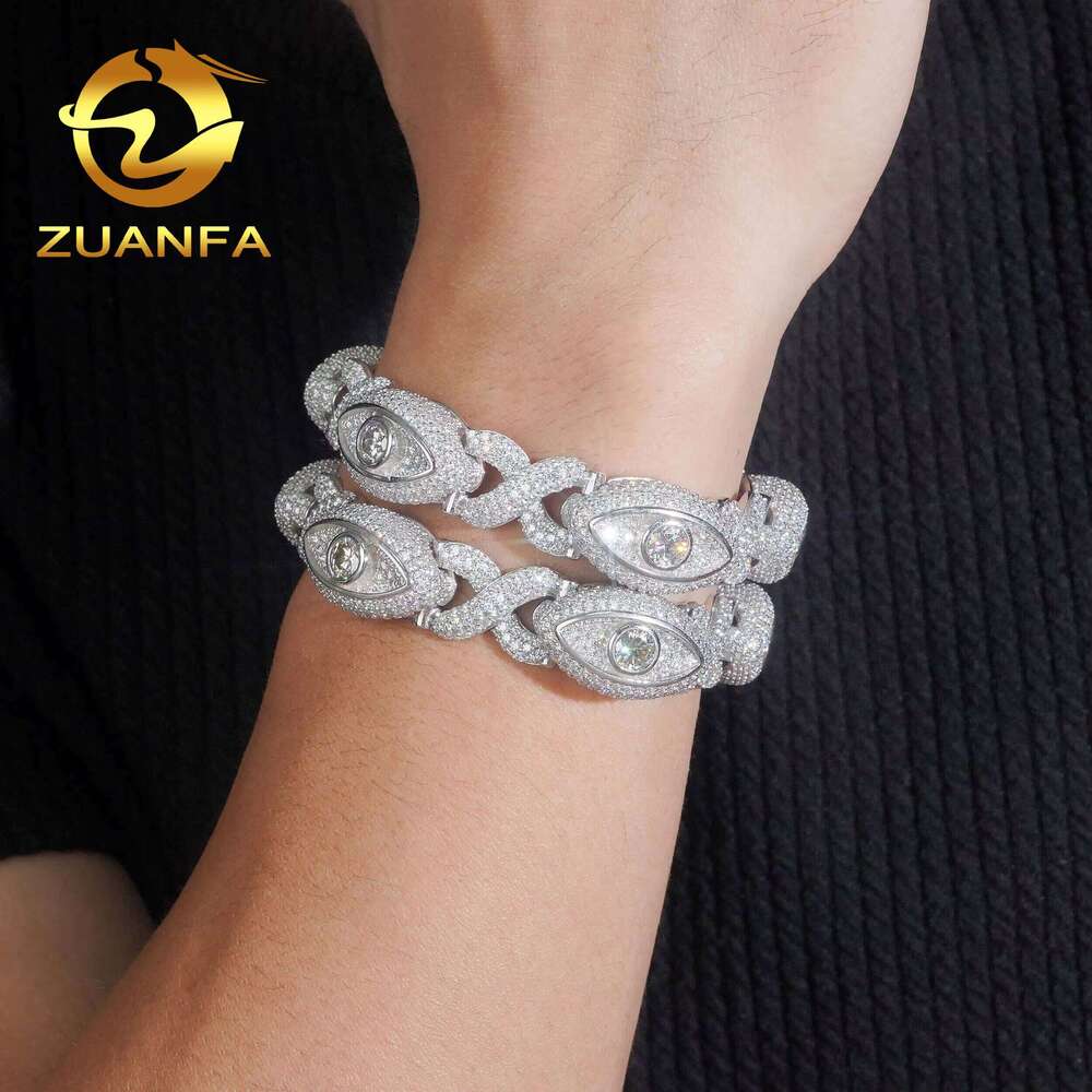 15Mm Iced Out Eye Design Sier Hip Hop Jewelry Unisex Moissanite Cuban Chain Bracelet