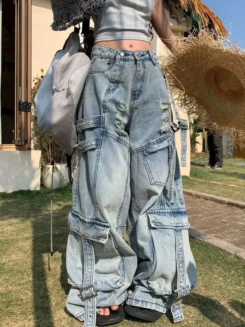 American Fashion Vintage Washing Heavy Industry Multipocket Tooling Jeans Female Y2K Street Baggy Drop Pants Tide 250612