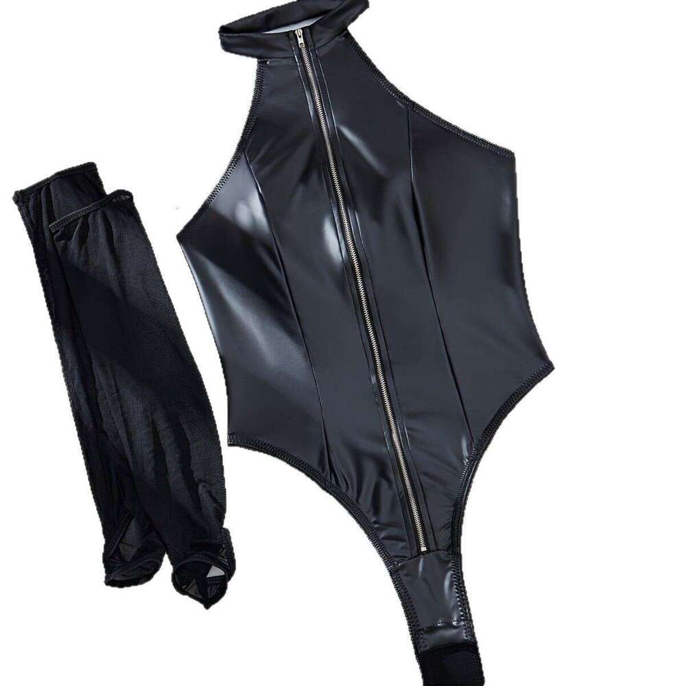 Sexy Lingerie Porn Suits PU Metal Zipper Gloves Punk Sexy Piece Lingerie Set One Piece Spell Lingerie