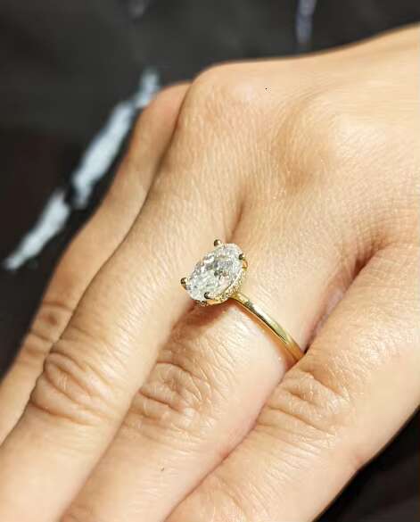 Foxi Moissanite Jewelry Solid 14K Gold Lab Grown Diamond Wedding Ring Classic Hidden Halo Oval Cut Solitaire Engagement Ring