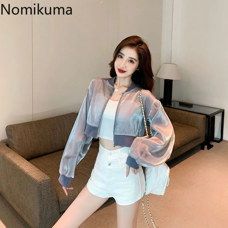 Streetwear Summer Women Jackets Stand Neck Long Sleeve Zipper Y2k Tops Womens Fashion See Through Casual Crop Coat 250611