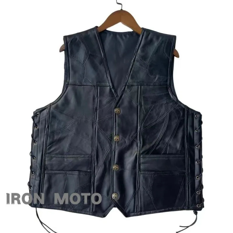 Men Motorcycle Vests Retro Black Cafe Street Leather Vest Chopper V Collar Lace Up Sides Jackets Large Size 250610A