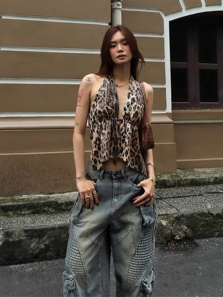 Weird Puss Leopard Sequins Women Vest Y2K Backless Halter VNeck LaceUp Sleeveless Street Skinny Wild Summer Trend Tank Tops 250614