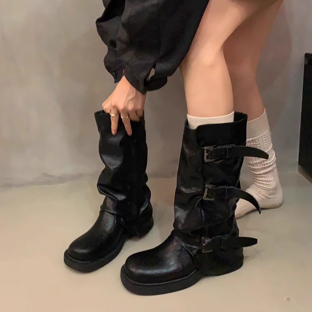 Ddmyoutdoor Chunky Heel Mid Calf Western Cowboy Slouch Riding Early Autumn Martin French Style Women S Boots Outdoor Shoes